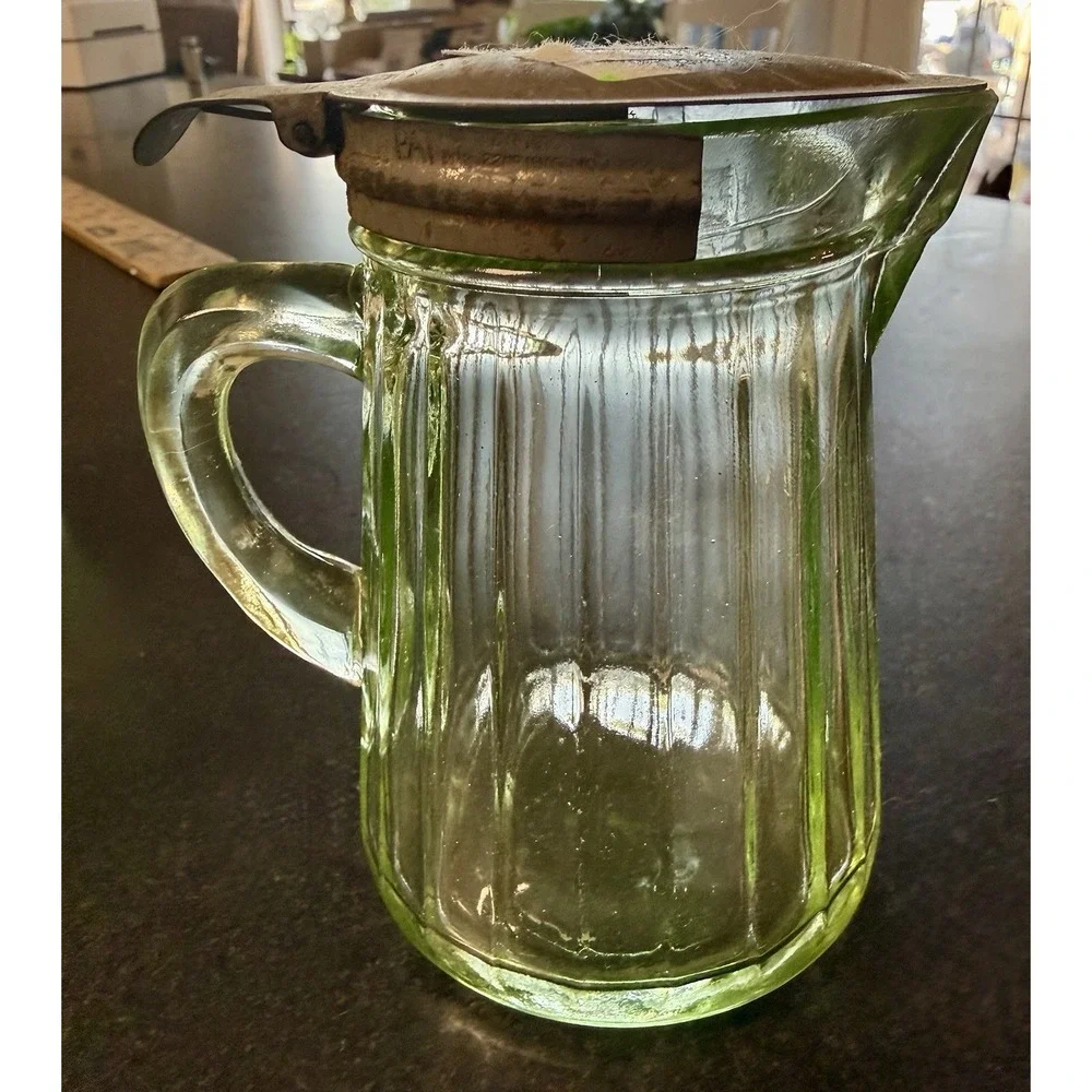 Vintage Uranium Vaseline Glass Kitchen Set Shakers Syrup Pitcher 6 Pc